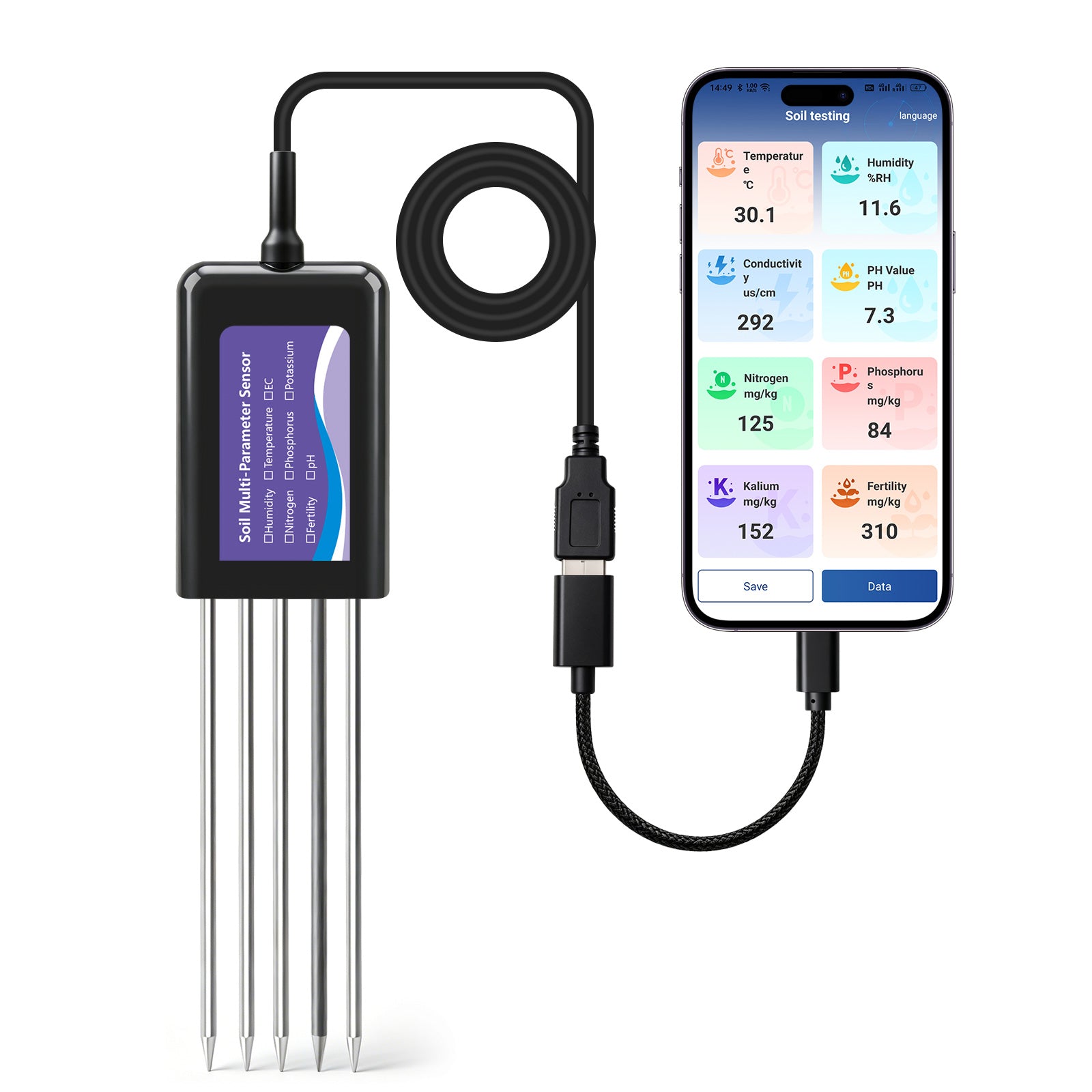 Upgraded USB‑C Connected Soil Tester with EC, Temperature‑Humidity, PH, Fertility and N‑P‑K Data Storage Function Yieryi